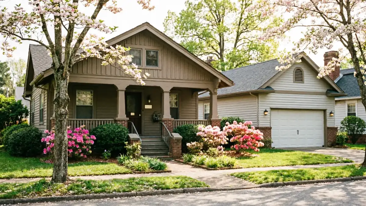 A brown house with a white garage door and blooming pink azaleas in the front yard.