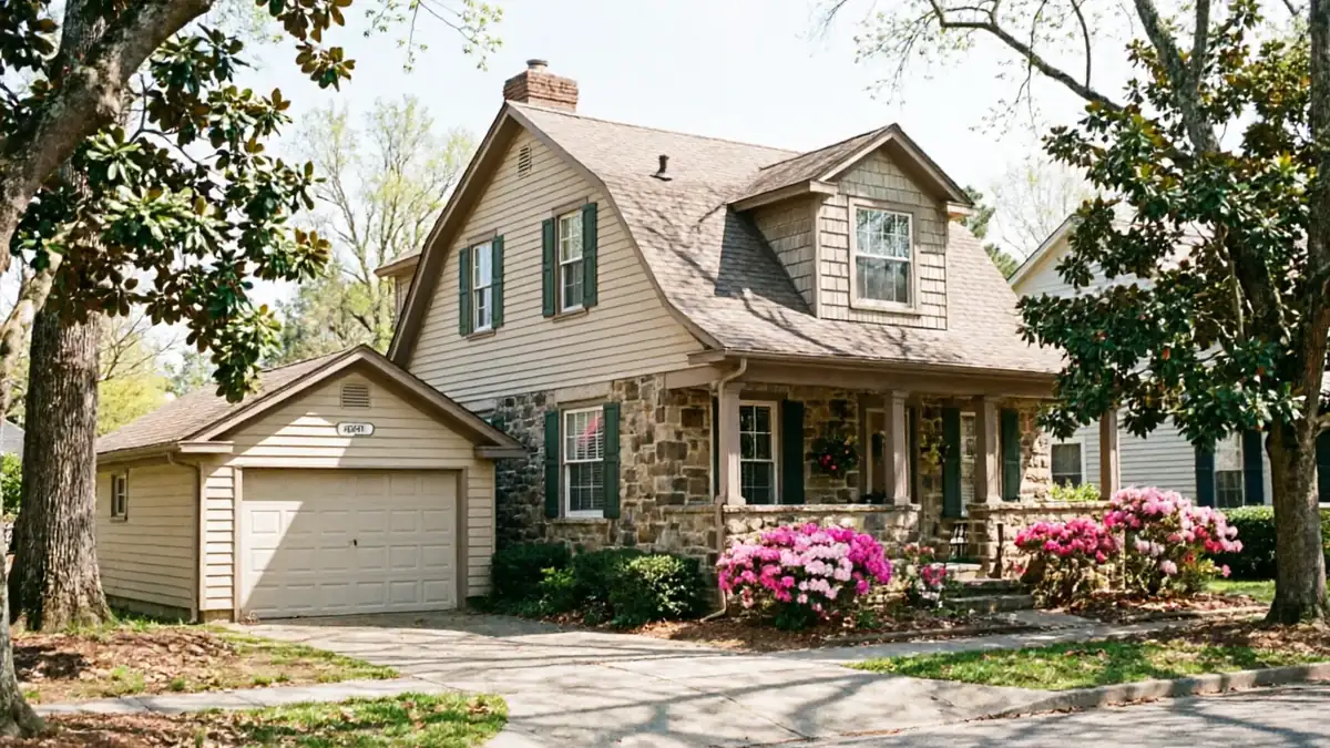 The house has a light tan garage door on a detached garage.