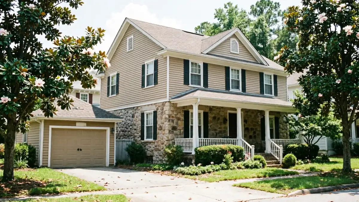 The house has a two-car garage with a brown door and a stone foundation.