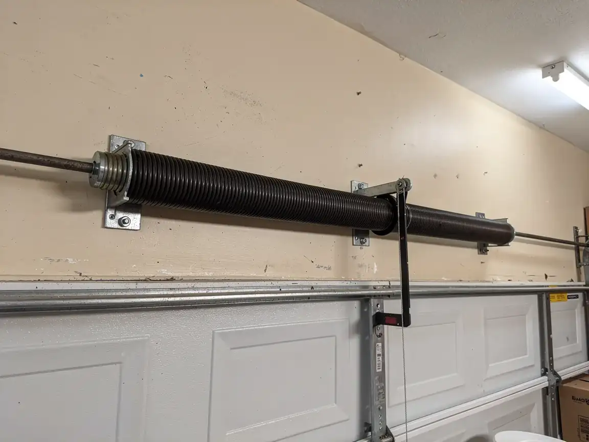 A torsion spring is mounted above a white garage door.