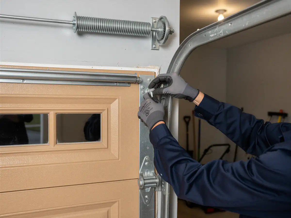 A technician in gray gloves works on a beige garage door with a torsion spring above.