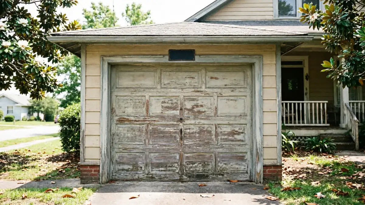 The old garage door has peeling paint and is attached to a house.