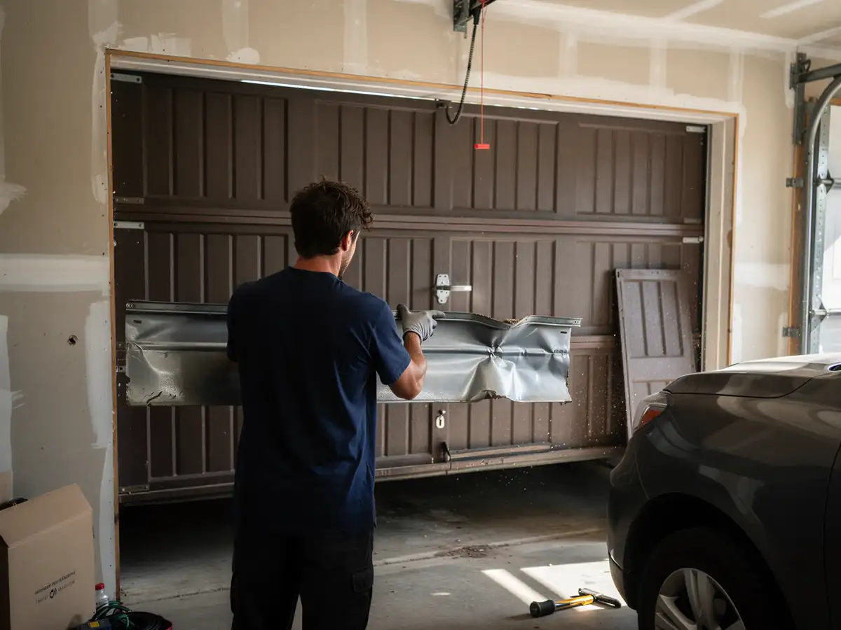 A technician removes a damaged garage door panel from a brown garage door.