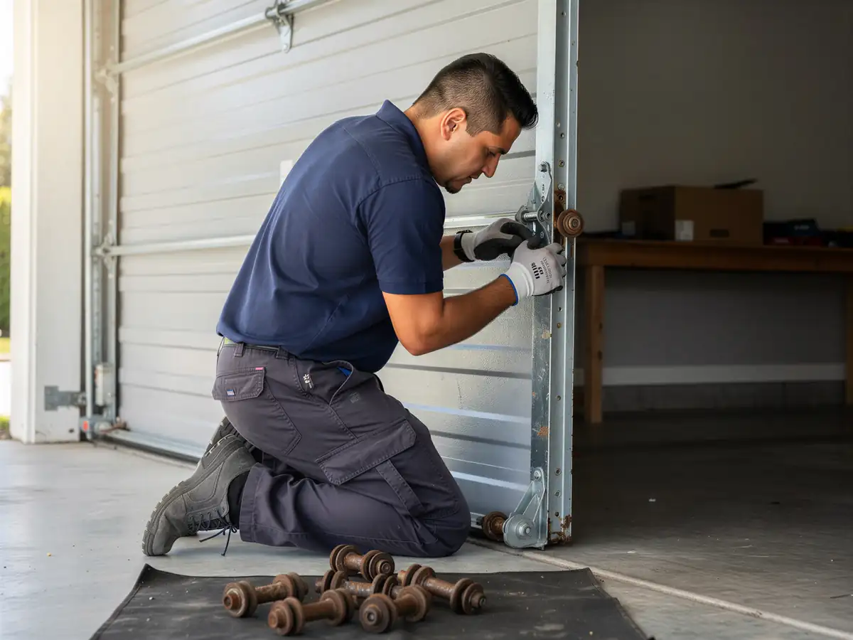 A technician kneels while working on a garage door roller and track.