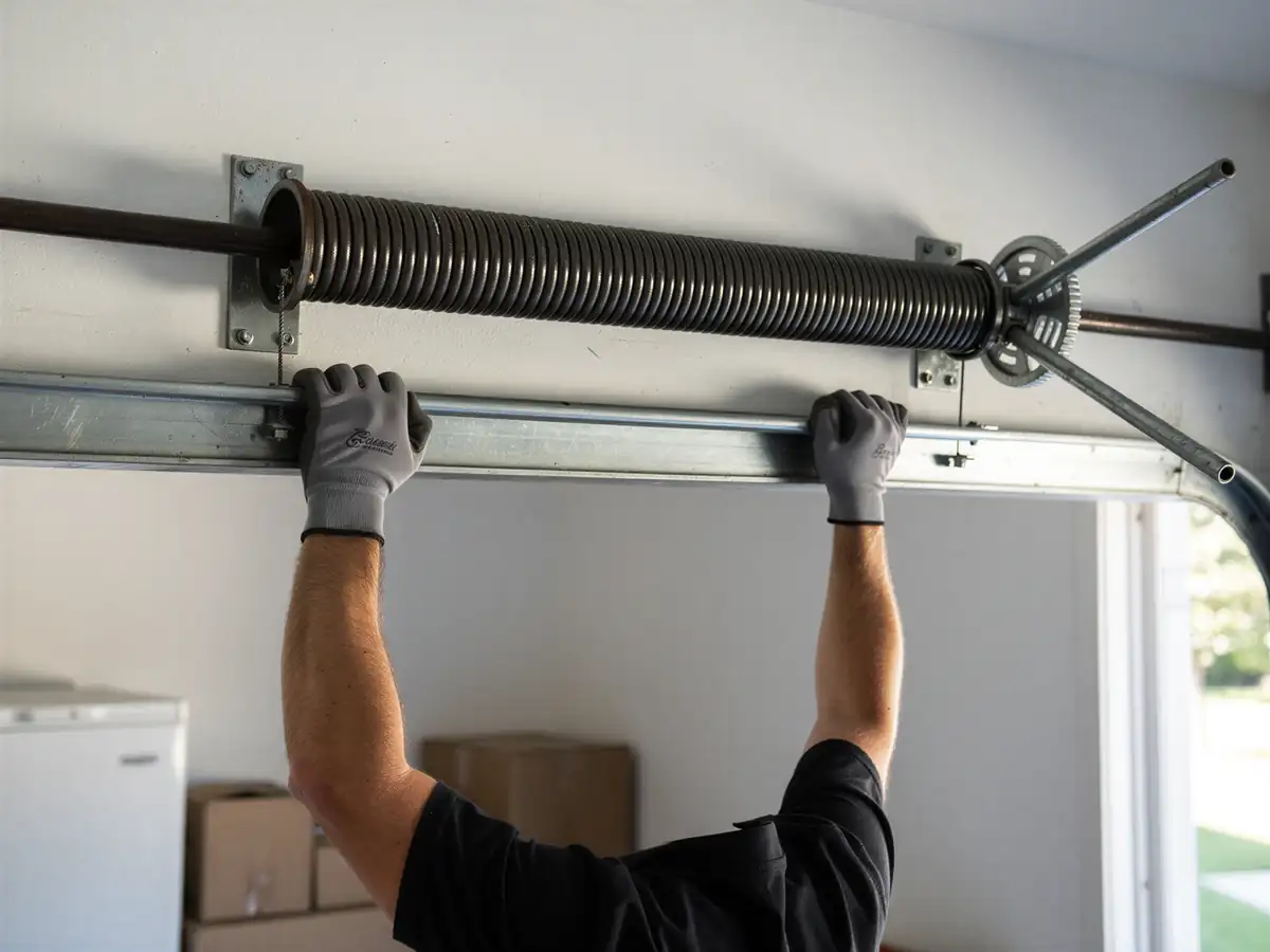 A technician's gloved hands are near a garage door torsion spring and track.