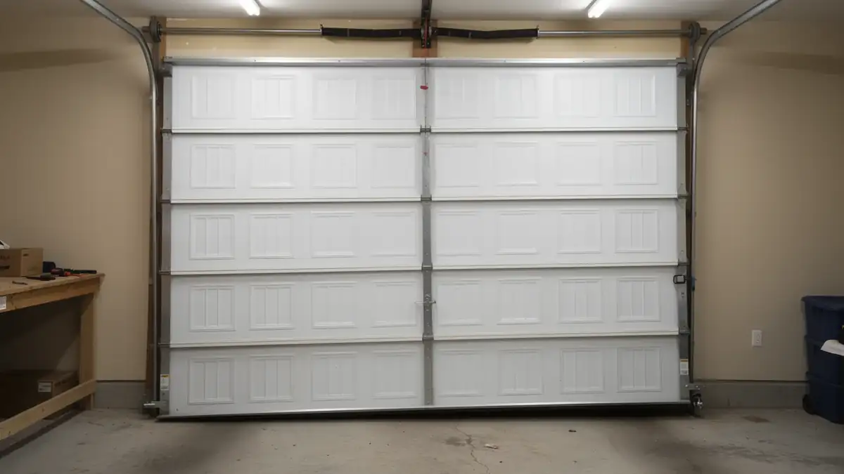 The white garage door is closed, showing a torsion spring and tracks above.