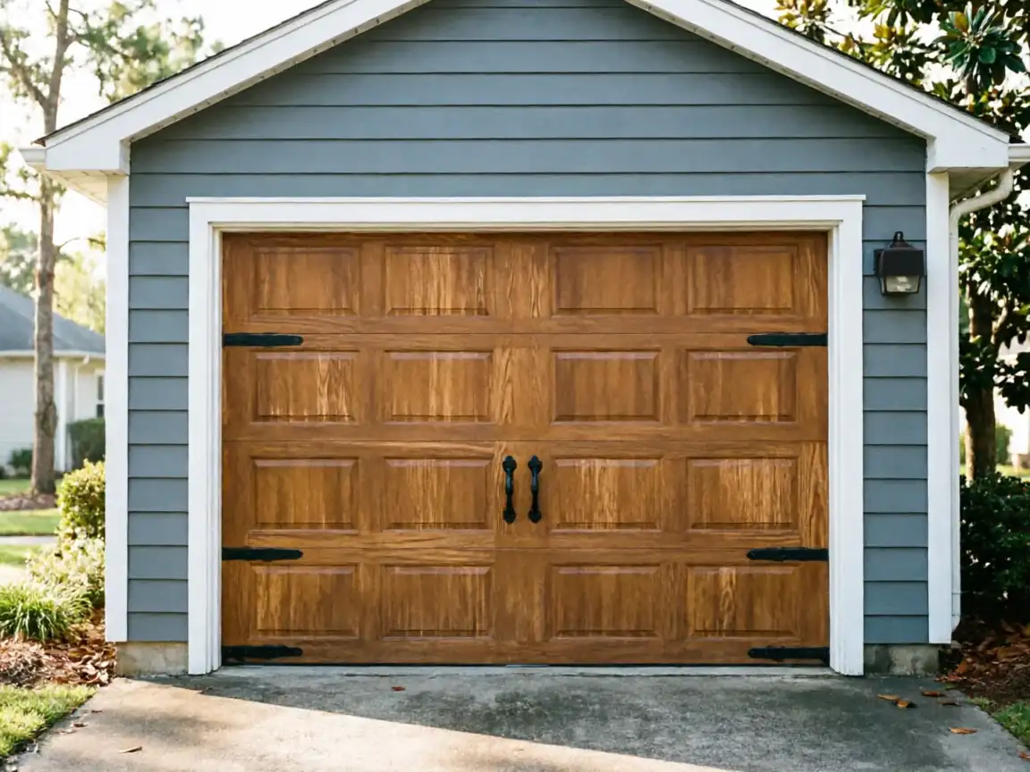 A brown wooden garage door with black hardware is set in a blue house.